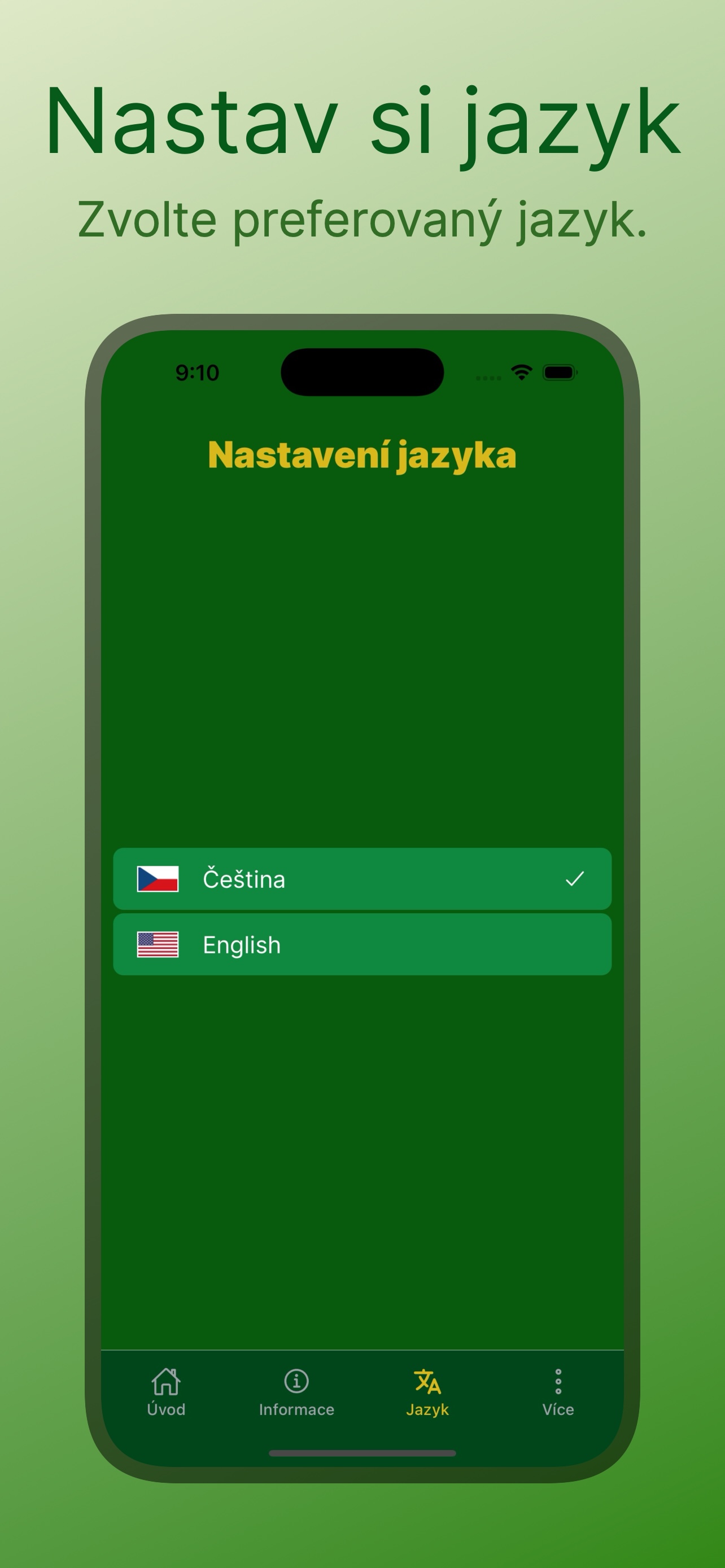 Screenshot aplikace - Nastav si jazyk - Zvolte preferovaný jazyk.